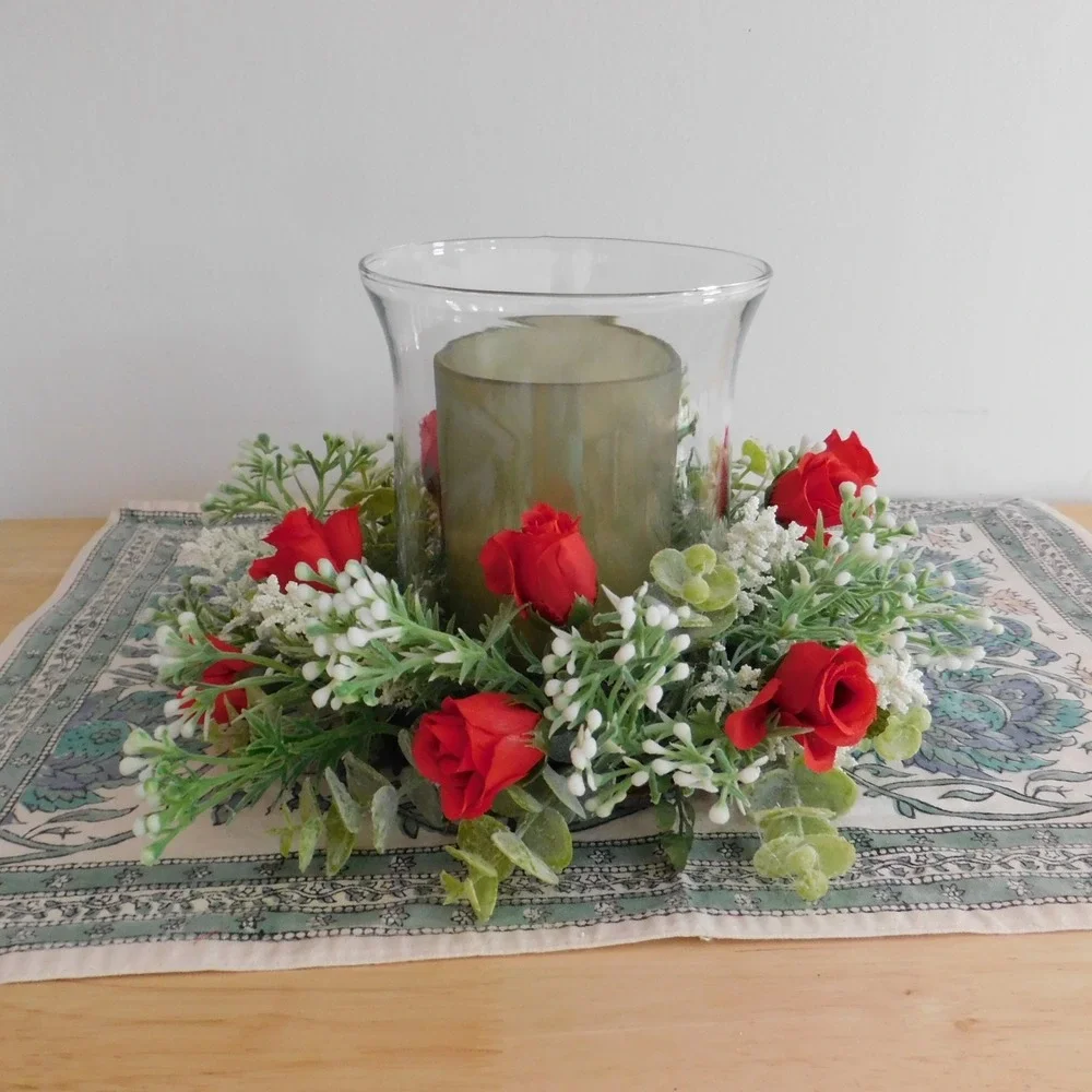 Dusty‎ Miller Mini Wreath Eucalyptus Red Roses Candle Ring Wedding decor